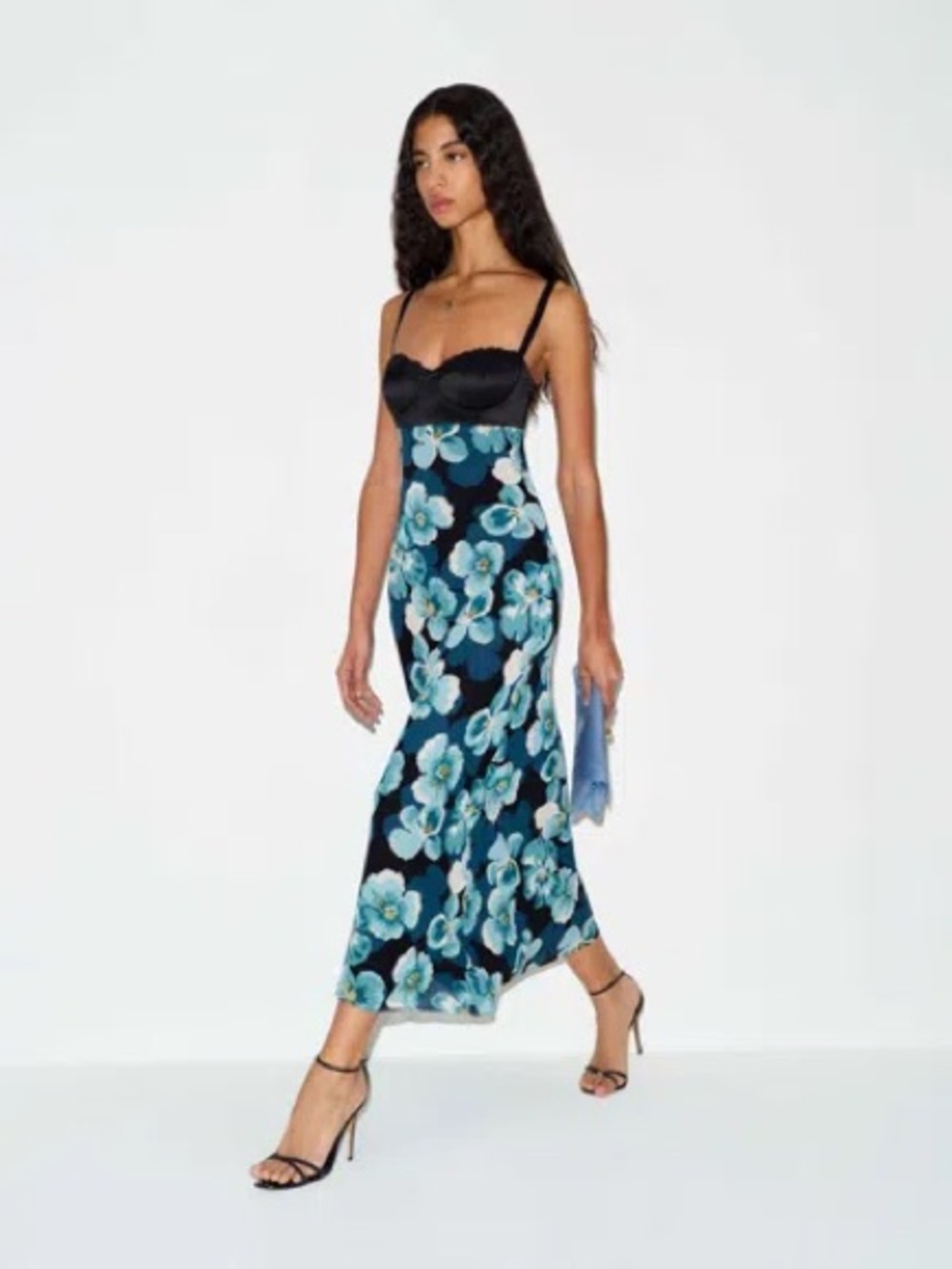 Reformation Black Maxi Slip Dress with Blue Floral Print
